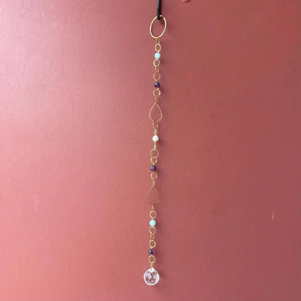 Aquamarine Amethyst Bead Hanging | Gold Teardrop Frame | Crystal Ball Prism